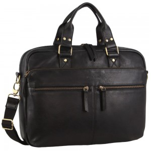 Black Pierre Cardin Multi-Compartment Leather Computer Bag | 4825-GDBZS